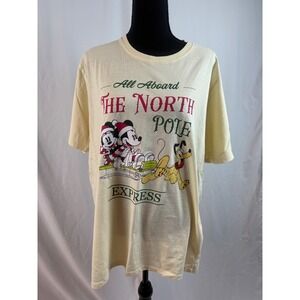 Disney Mickey Minnie Pluto North Pole Express‎ Christmas T Shirt Cream Yellow